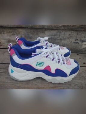 Skechers Women's D'Lites 3.0 Zenway Low-Top Sneakers White, Blue, and Pink 9.5
